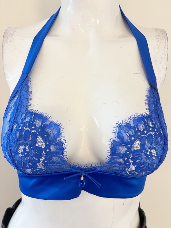 Honey Birdette Other - Honey Birdette Polly Electric Blue Lace Ribbon Halter Neck & Tie Back Bralette